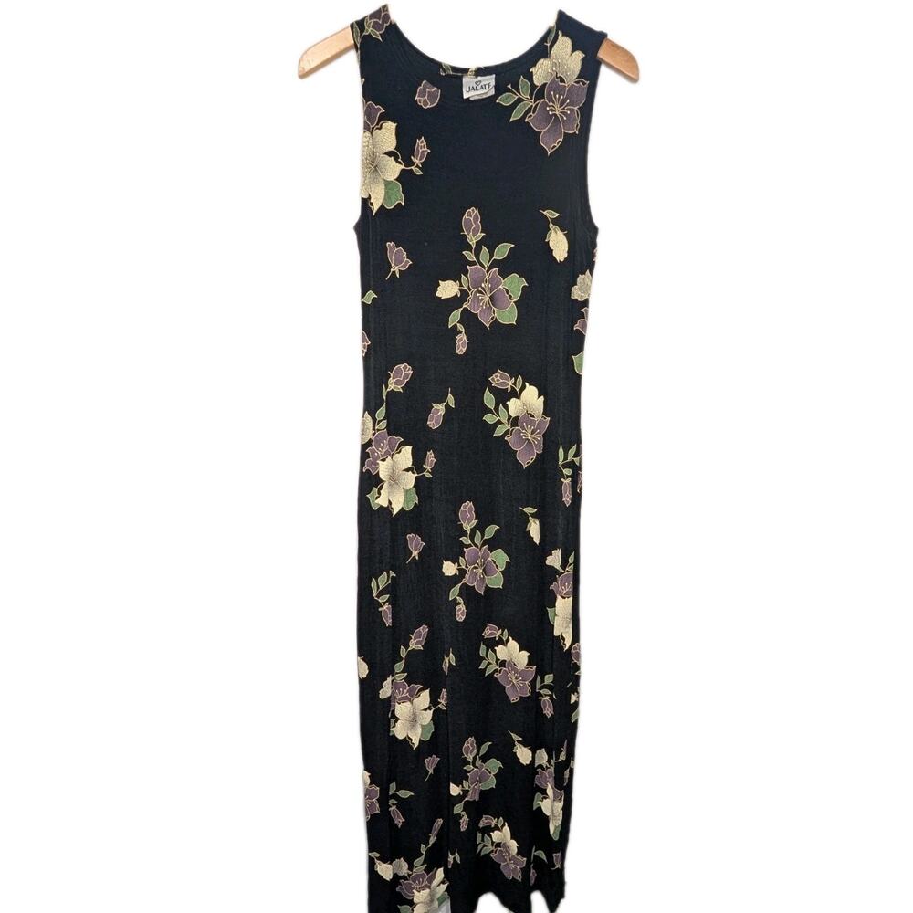 Jalate Floral Maxi Dress M Black Sleeveless Vintage 90s Cottagecore Boho Stretch